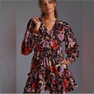 Anthropologie Pilcro Tiered Corduroy Ruffled Floral Mini Dress - XXS - EUC